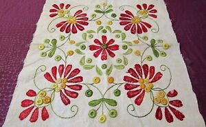 Antique Arts Crafts Floral Embroidery Linen Pillow Top Stickley Era
