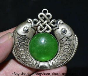 2 4 Old China Silver Inlay Green Jade Dynasty Foo Fu Fish Wealth Lucky Pendant