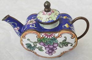 Antique Deco Mini Teapot B Yee Made In China Enamel On Brass Floral And Fruit 