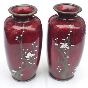 Pair Antique Signed Japanese Cloisonne Vases Cherry Blossom Red Ginbari