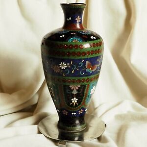Antique Chinese Cloisonne Famille Noir Enamel Bronze Vase Flower Blue Black