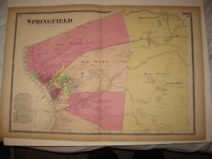 Superb Antique 1870 Springfield Hampden County Massachusetts Handcolr Map Armory