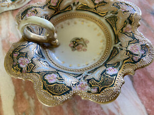Vintage Hand Painted Heavy Gold Moriage Roses Candy Dish Handle Green Pink Gilt