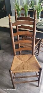 Vintage Set Of 6 Rustic Ladder Back Dining Chairs Woven Rush Seat