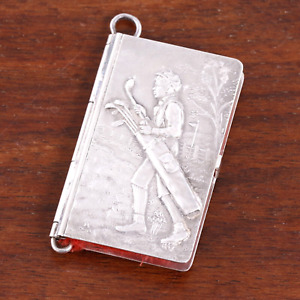 Rare Unger Sterling Silver Needle Case Repousse Scene Young Golfer With Clubs