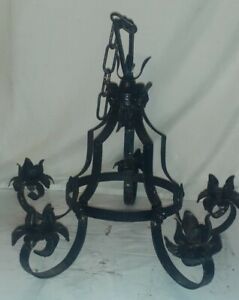 Vintage Antique Gothic Wrought Iron Tole Chandelier 5 Light Candle Hanging