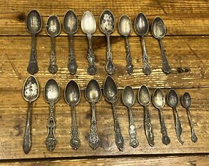  18 Antique Sterling Silver Souvenir Spoons Mostly States
