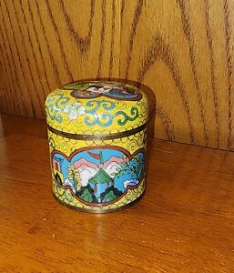 Antique Chinese Cloisonne Tea Caddy Box Lidded Jar Enamel Vintage