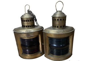 Vintage Brass Ship Port And Starboard Maritime Lanterns A Pair Height 36cm