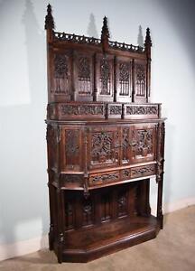 113 Massive Antique French Gothic Revival Cabinet Console In Highly Carved Oak