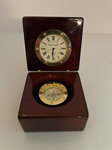 Nautical Stanley London Brass Compass Clock Watch Lacquered Redwood Box Boat