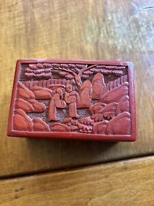 Antique Vintage Chinese Carved Red Jewelry Box Cigarette Box Cinnabar 