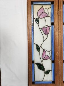 Vintage Taiwan Pink 3 Flower Stained Glass Cabinet Door Window 33 3 4 X11 3 4 
