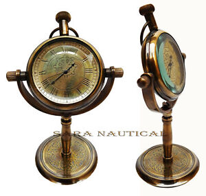 Vintage Table Clock Brass Antique Anchor Ship Wheel Office Desk Collectible