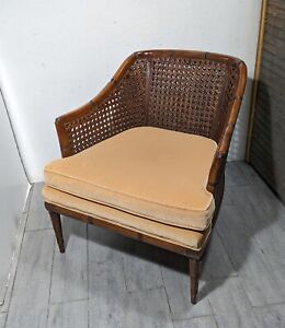 Vintage Faux Bamboo Cane Barrel Lounge Arm Chair Chippendale Hollywood Regency