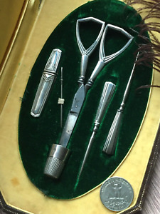 Antique Art Deco French Solid Silver Set Case Tools For Sewing Deschamps Freres