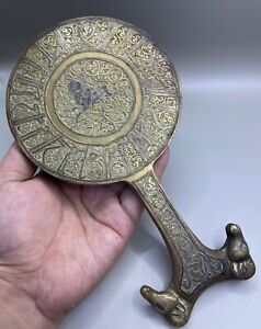 Ancient Islamic Khorasan Silver Inlaid Bronze Mirror With Ram Head Handle