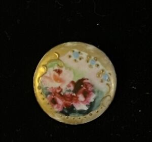 Antique Porcelain Enamel Button Gold Border Hand Painted