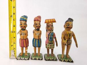 4 Vintage Indian Hand Carved Painted Wooden Figure