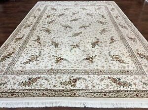 Oriental Rug 9x12 Wool Silk Highlights Handmade Vintage Carpet Ivory Floral