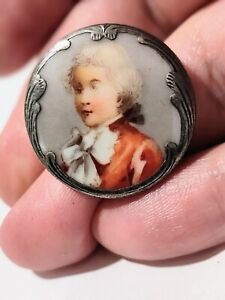 Antique Sterling Portrait Porcelain Button Rare 1 1 8 