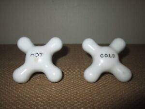 Set Of 2 Vintage Antique Hot Cold White Porcelain Cross Faucet Knobs