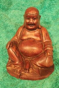 Vintage Hand Carved Wood Chinese Laughing Buddha With Teeth 5 Tall