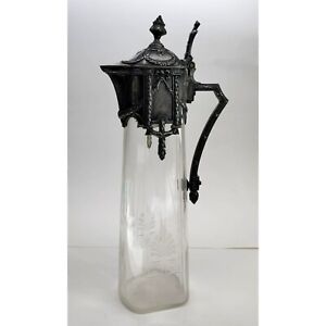 Vintage Etched Glass Crystal Wine Pitcher Silver Topped Ewers Carafe Ct403