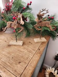 Pair Blackened Wax Small Reindeer On Stand By Judy Condon