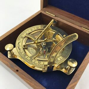 Nautical Antique Brass Sundial Compass Stunning 4 W Teak Wood Display Box