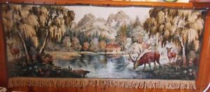 Antique Old Large Wall Hanging Tapestry Landscape Forest Deer And Hinds Lake