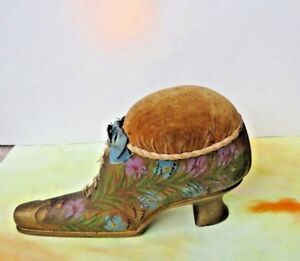 Victorian Gold Shoe Painted W Flowers Pin Cushion Silk Ribbon Ribbon Damaged 