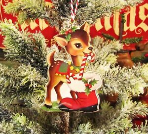 Prim Antique Vtg Style Retro 4 Reindeer Red Boot Christmas Tree Tin Ornament