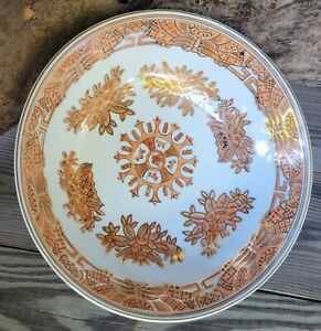 Vintage Oriental Porcelain Bowl Hand Painted Orange Design And Gold Accents