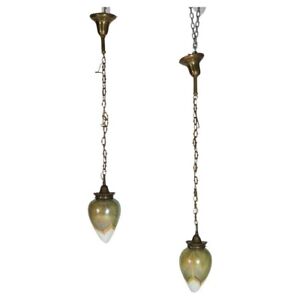 Pair Arts Crafts Steuben Pulled Feather Art Glass Brass Pendant Lights