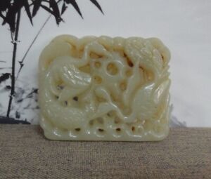 Rare Old Chinese Hand Carving Birds Plants Nephrite Jade Pendant