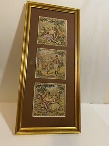 Antique Framed Collection Of 3 French Style Tapestries Courting Couples C1890 