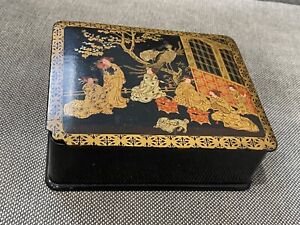 Vintage Antique Chinese Or Japanese Lacquer Box W Women Birds Dogs Dec 