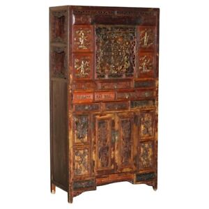 Antique Circa 1860 Chinese Hand Painted Wedding Cabinet Housekeepers Cupboard