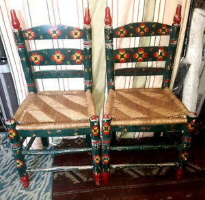 Antique 1930s Mexican Tarasco Folk Art Hand Painted Ladder Back Rush Seat Chair