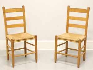 Mid 20th Century Oak Ladder Back Side Chairs With Rush Seats Pair B