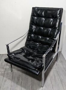 Vintage Mid Century Modern Chrome Black Vinyl Lounge Chair Milo Baughman Style