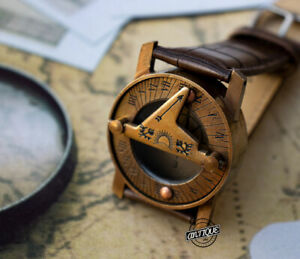 Antique Sundial Brown Leather Wrist Strap Sunclock Compass Steampunk Marine Watc
