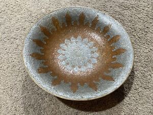 Vintage Made In India Brass Pedestal Bowl Metal Chased Arabic Enamel Motif Decor