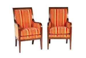 Pair Of Baker Mahogany Armchairs Striped Fabric