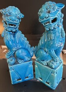 Antique Chinese Foo Dog Lion Guardian Old Pair Vintage Turquoise Blue Glazed