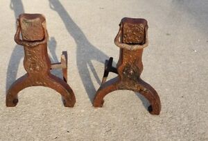 Vintage Western Cast Iron Andirons Fire Dogs Log Holders For Fireplace