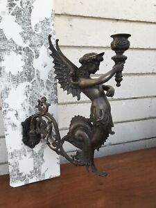 Pair Of Antique Bronze Brass Winged Mermaid Siren Art Deco Nouveau Candelabras