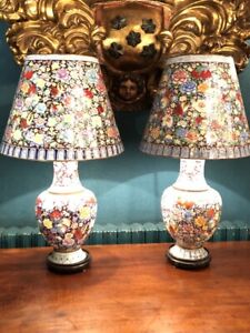 Antique Pair Lamp Enamels Thousand Flowers Asian Wood Decorated Rare Old 1950