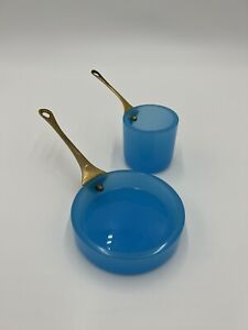 2 Pc Antique French Blue Opaline Miniature Dore Cooking Pots Pans